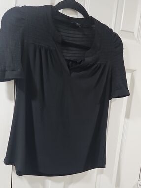 Women's Black Short-Sleeve V-Neck Blouse with Textured Yoke